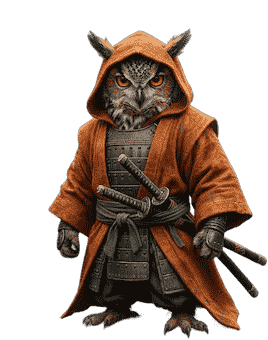侍の鎧とオレンジ色のフード付きマントを身にまとったファンタジーフクロウの戦士